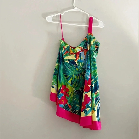 Cache y2k vintage silk one shoulder tropical print top vacation resort floral - Picture 4 of 6